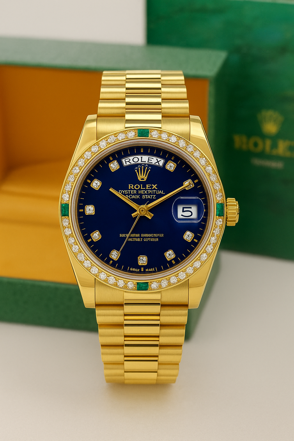Luxury-Inspired Gold Watch with Blue Dial – Diamond & Emerald Accent Bezel